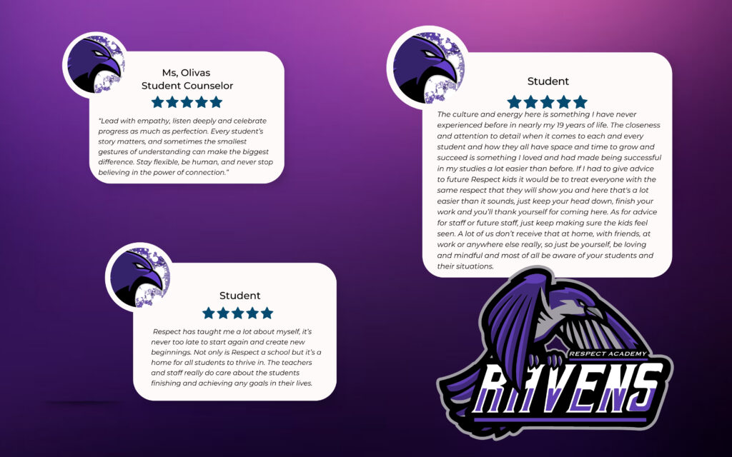 Gradient Purple background with student and staff testimonials. Explaining their experience at Respect Academy